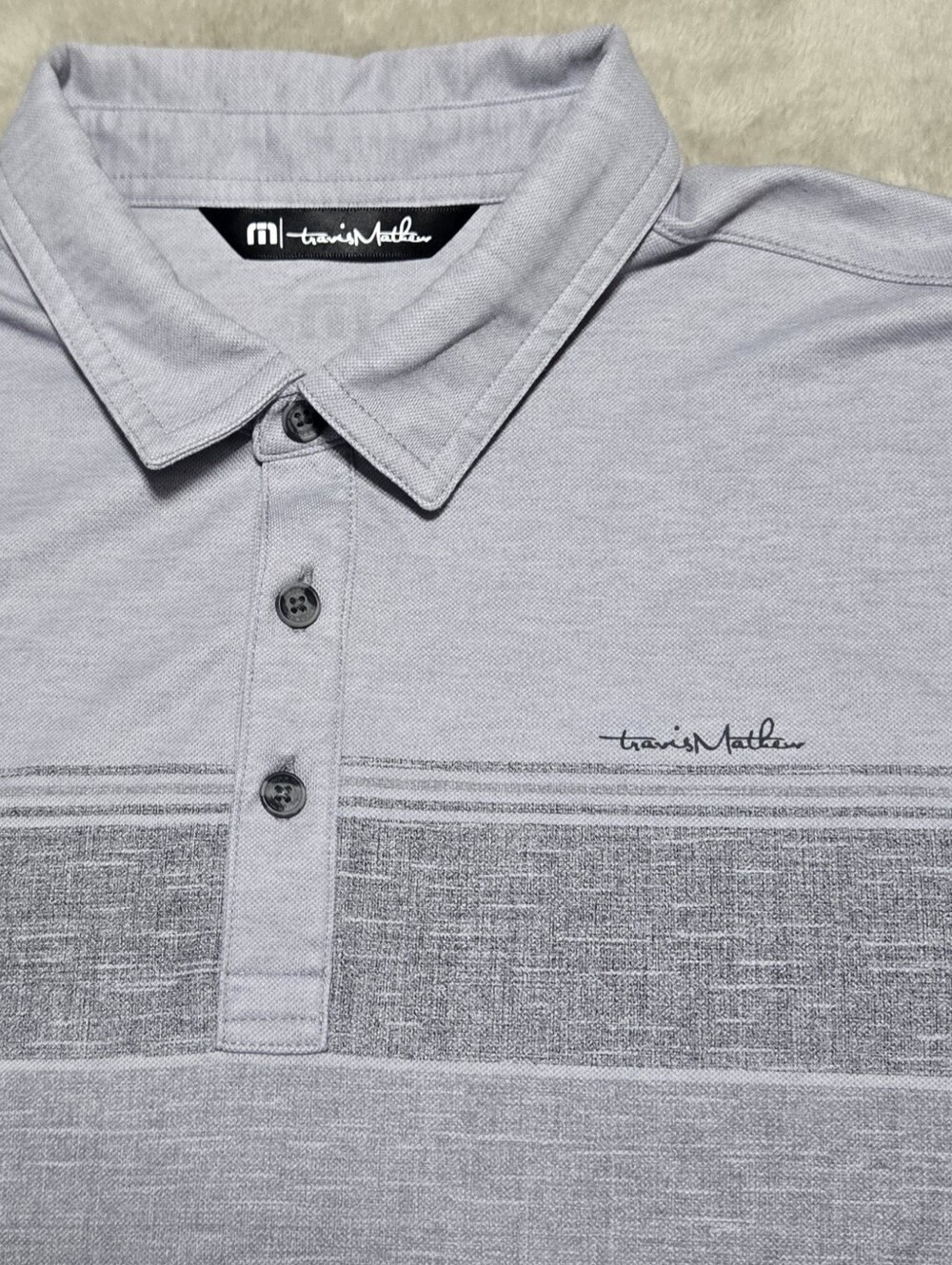 Travis Mathew Men's Light Gray Golf Polo with Subtle Stripe Detail Size Medium